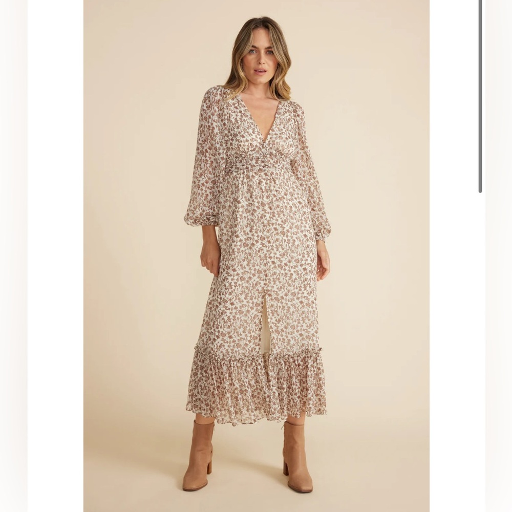 NWT Mink Pink Amalia Maxi Dress ivory brown floral cottagecore bohemian size XS